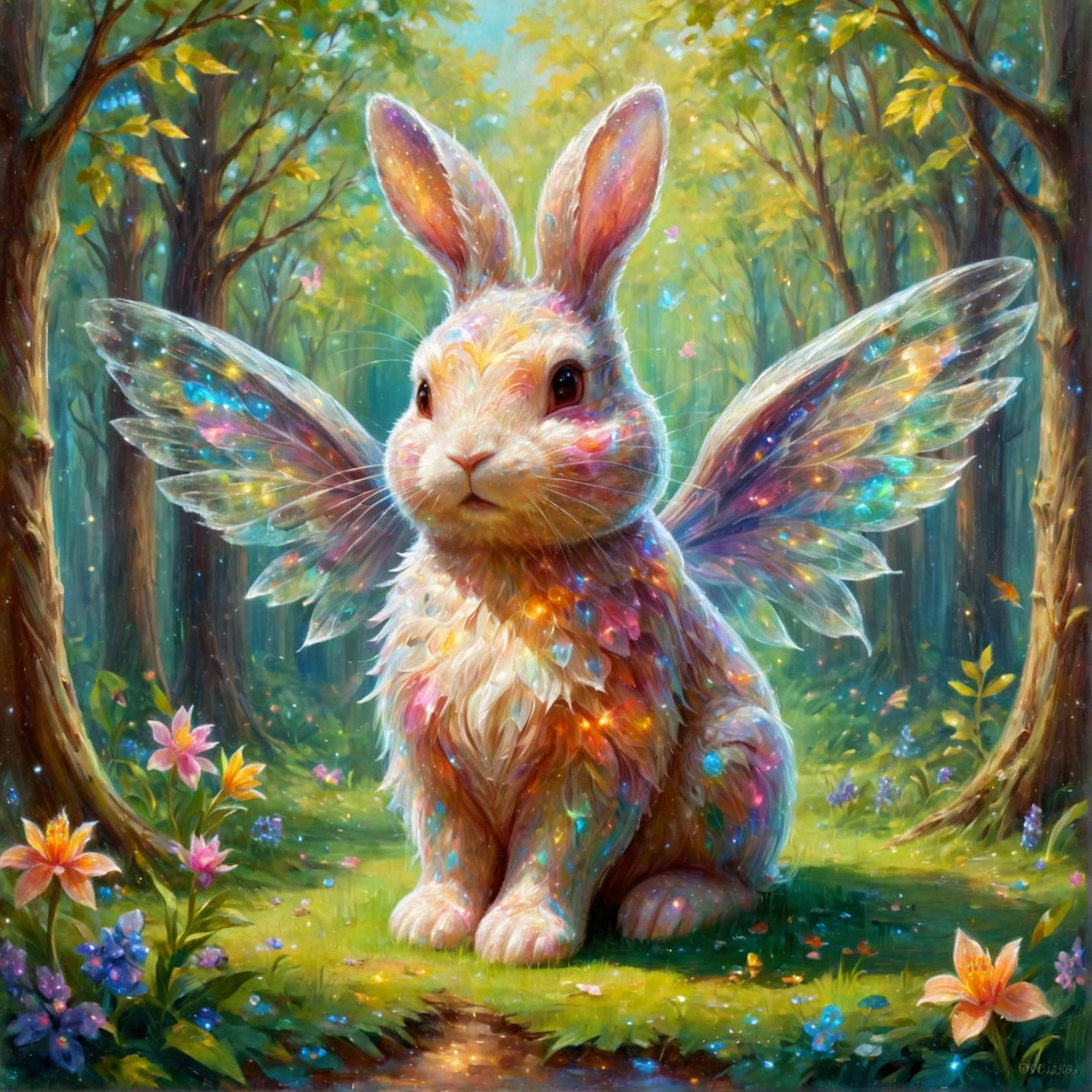 Impressionist painting winged cute fluffy bunny fairy in an enchanted forest <lora:ral-czmcrnbw:1> ral-czmcrnbw <lora:Art_Frahm:0.7> 1950s . Loose brushwork, vibrant color, light and shadow play, captures feeling over form