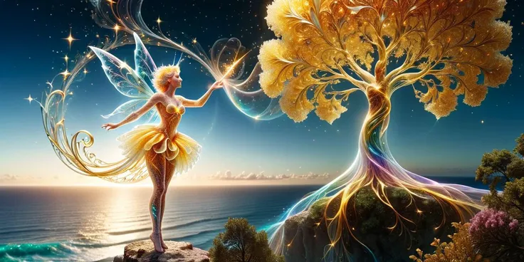 photograph, photorealistic, ultra-realistic, intricately detailed, wide angle, fine fractal glossy vivid colored shiny contours outlines of a glass pear with a ("a glowing golden flying female fairy uses her wand to transform a tree to solid gold.") inside, surreal, gradient, windy, petals floating on the wind, swirling ribbons of ink and light. <lora:linquivera:0.8> linquivera, liiv1, <lora:ral-czmcrnbw:1>, photograph, Cinestill 50, dynamic, Happy, 1woman, 1unicorn standing on a cliff under a tree, cosmic stormy ocean in the background, it is very Anime, Rembrandt lighting, Depressing, Canon RF, Sad, Disgusting, Lomography Color 100, key visual, exquisite color, perfect symmetry, highly intricate, artistic, sharp focus