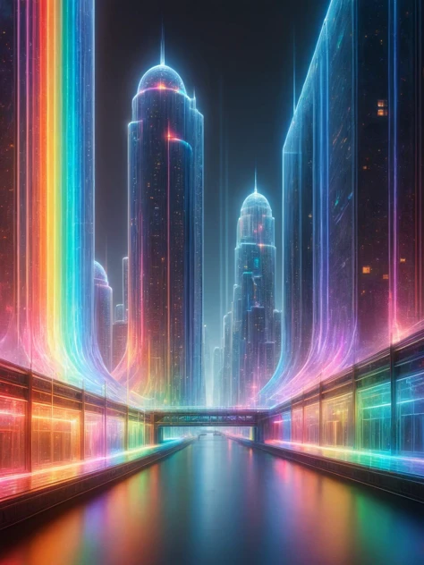 A futuristic metropolis at twilight, neon lights casting a spectrum of rainbow reflections on streamlined structures <lora:ral-czmcrnbw-sdxl:1>