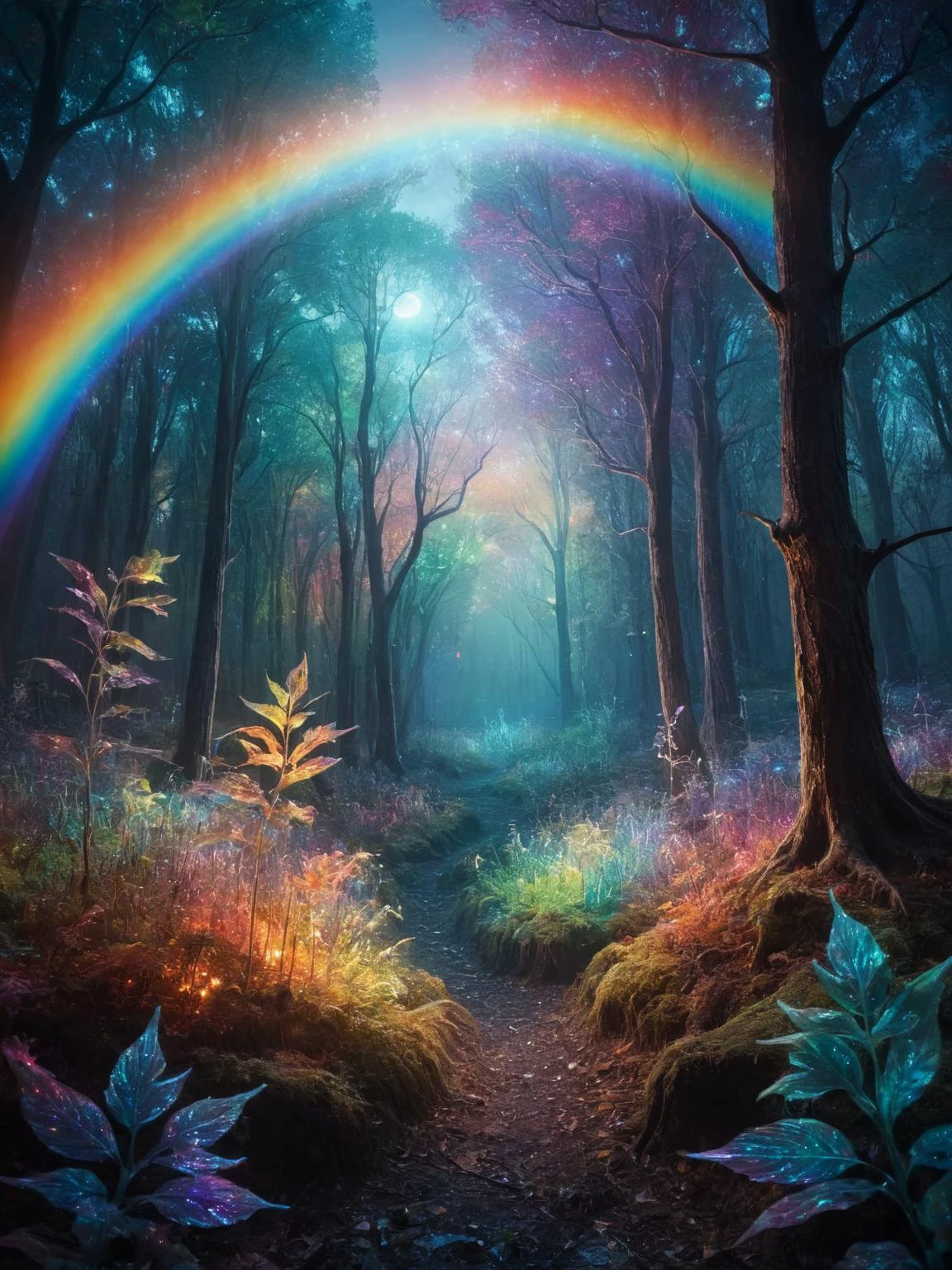 An otherworldly moonlit forest, with leaves and flora radiating iridescent rainbow glows <lora:ral-czmcrnbw-sdxl:0.6>
