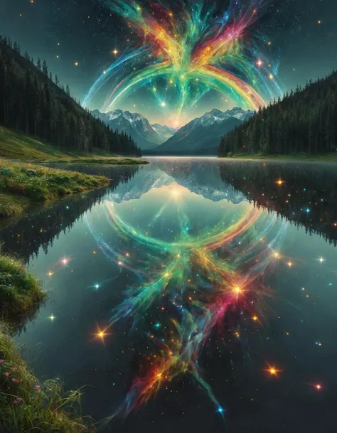 (ral-czmcrnbw:1.4), A mesmerizing scene unfolds as dazzling glimmer particles, resembling tiny bursts of multicolored stardust, swirl and intermingle within an ethereal atmosphere. The tranquil lake has been transformed into a living canvas, its surface now replaced by a fluid tapestry of vivid hues. This kaleidoscopic water mirrors the celestial dance, as if capturing the very essence of light's playful interaction with textures.
In the background, a dimensional overlap occurs, where the boundaries between realms seem to blur. The lush, verdant landscape beyond the lake is suffused in an otherworldly glow, as if the natural world has been imbued with a supernatural radiance. This surreal backdrop, a harmonious blend of the familiar and fantastical, further enhances the enchanting beauty of this scene, where light and wonder intertwine in perfect harmony.