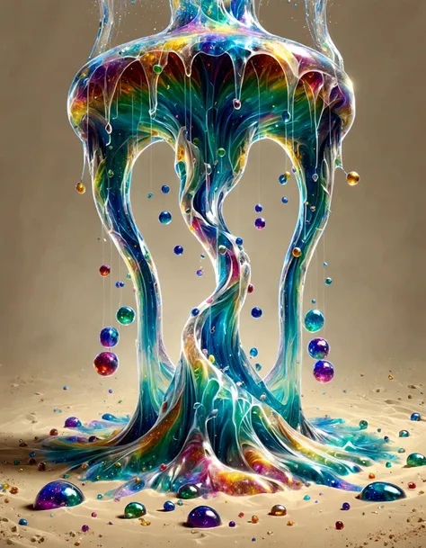 (ral-czmcrnbw:1.4), A surreal artistic scene showcases a mesmerizing waterfall as it flows amidst an array of weightless hourglasses, each encapsulating a momentary snapshot of cascading droplets and swirling sand, suspended in a timeless dance. The waterfall's crystalline glimmer particles, reminiscent of dazzling gemstones, reflect the vivid colors of the abstracted natural landscape, creating an ethereal backdrop that blends the organic with the fantastical.