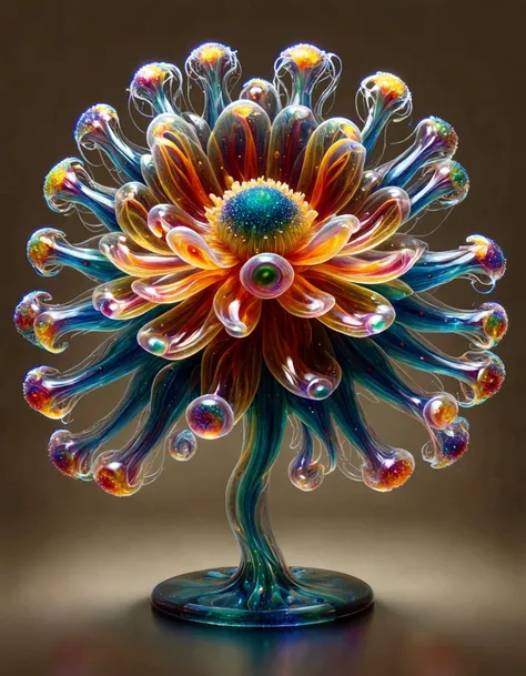 (ral-czmcrnbw:1.4), A captivating glass sea anemone sculpture by Dale Chihuly, crafted with intricate details and vibrant colors. The delicate yet massive structure resembles a blooming underwater creature, its tentacles twisting and curling in mesmerizing patterns. Shades of vivid reds, oranges, yellows, and blues intertwine, creating a kaleidoscopic effect that dazzles the eye. The sculpture is displayed in an open space, allowing viewers to appreciate its beauty from various angles, as if it were a living organism, gracefully suspended in time and artistry.