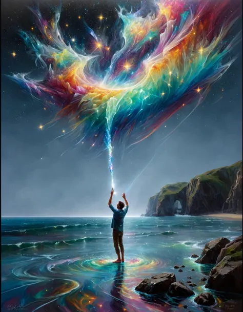 (ral-czmcrnbw:1.4), A mesmerizing scene unfolds as a man stands at the very edge of an expansive, azure ocean, its waves lapping gently against the rocky outcrop. He holds aloft a mystical paintbrush, its bristles seemingly charged with the power to manipulate the very essence of the water's colors and textures. With each deliberate stroke, he unleashes a dazzling display of glimmering particles, as if painting with stardust, that ripple and transform the ocean's surface in a breathtaking dance. The sky above is a canvas of ever-shifting hues, a temporal juxtaposition of twilight and daybreak, creating an ethereal backdrop to this surreal moment. The man seems at one with nature as he wields his magical brush, the ocean responding in kind, as if a symphony of light, color, and motion, all orchestrated by their shared connection.
