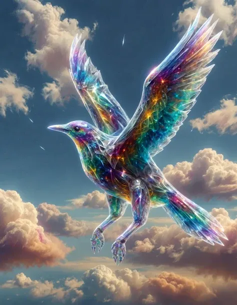 (ral-czmcrnbw:1.4), In an ethereal realm where the boundaries of reality blur, a translucent figure composed of shimmering light floats serenely. This dazzling glimmer exudes a radiance that permeates the surrounding air, as if it were a beacon in a celestial dance. Simultaneously, an advanced aircraft with sleek silver lines carves through the sky, its speed and precision a testament to human engineering. The silver bird soars high above the fluffy, cotton-like clouds, as if it were a mythical creature from a bygone age. As one gazes out from this airborne vantage point, the world below appears as an intricate tapestry of interconnected lives, a vast network of human endeavors and dreams, all shrinking in significance beneath the wings of this marvelous machine. The scene is further enriched by the presence of amorphous shapes, swirling patterns of color and form, which seem to encapsulate the very essence of creativity and imagination. These elements, in their fluidity and ephemeral nature, serve as a reminder that the world we perceive is but one interpretation of infinite possibilities.