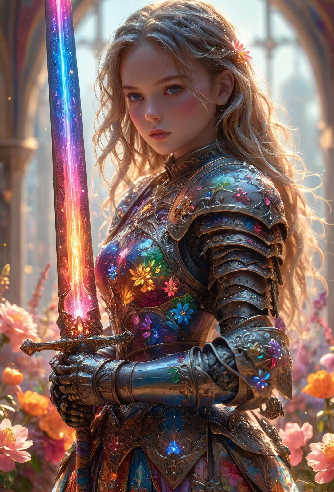 amazing quality, masterpiece, best quality, hyper detailed, ultra detailed, UHD, perfect anatomy,
blurry background, outdoor, studio lighting, bright foreground, face to viewer,
a girl wearing armor, holding sword,
a cluster of flowers in brilliant and colorful hues,
an array of blossoms in a vibrant tapestry,
glowing, shine, dazzling,
<lora:FantasyKnightsHKStyle:0.85>, HKStyle,
<lora:add-detail-xl:0.75>,
<lora:EnvyBetterHiresFixXL01:0.75>,
<lora:extremely_detailed:1.5>, extremely detailed,
<lora:ral-czmcrnbw-sdxl:0.6>, ral-czmcrnbw,
