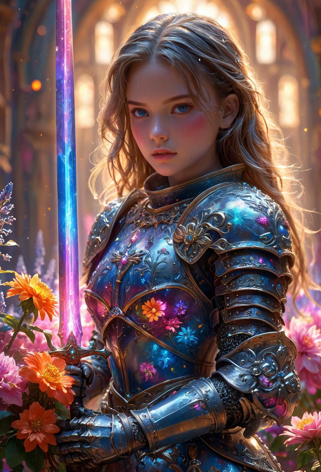 amazing quality, masterpiece, best quality, hyper detailed, ultra detailed, UHD, perfect anatomy,
blurry background, outdoor, studio lighting, bright foreground, face to viewer,
a girl wearing armor, holding sword,
a cluster of flowers in brilliant and colorful hues,
an array of blossoms in a vibrant tapestry,
glowing, shine, dazzling,
<lora:FantasyKnightsHKStyle:0.85>, HKStyle,
<lora:add-detail-xl:0.75>,
<lora:EnvyBetterHiresFixXL01:0.75>,
<lora:extremely_detailed:1.5>, extremely detailed,
<lora:ral-czmcrnbw-sdxl:0.6>, ral-czmcrnbw,