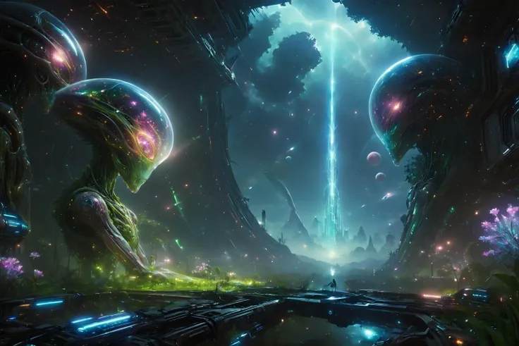 Alien-themed biomechanical style sci-fi style (((epic-Ultra-HD-details, epic-Ultra-HD-highlights, upscaled-resolution, optimal)))A bio-mechanical forest taking over a desolate and abandoned dystopian cityscape,crumbling buildings,ruined skyscrapers,destroyed vehicles,remains,tendrils spreading everywhere,mechanical plants and flowers,mechanicals parts,bio-mechanical parts,living metala tranquil alien landscape bathed in soft,ethereal light. Strange,bioluminescent flora casting a gentle glow amidst the calm stillness. A distant nebula fills the sky with mesmerizing colors,while distant celestial bodies twinkle in the cosmic expanse.,<lora:ral-czmcrnbw:0.8>,ral-czmcrnbw,<lora:More_interesting_backgrounds:0.8>,IBG,, futuristic, technological, space themes, advanced civilizations, light leaks, lens flares, blend of organic and mechanical elements, futuristic, cybernetic, detailed, intricate . Extraterrestrial, cosmic, otherworldly, mysterious, sci-fi, highly detailed