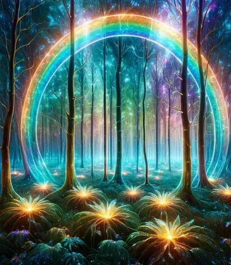 An otherworldly moonlit forest,with leaves and flora radiating iridescent rainbow glows,<lora:Cosmic Rainbow Style [SDXL]å®å®å½©è¹ç©ä½:0.9>,ral-czmcrnbw,transparent,tranzp,<lora:tranzp-sdxl:0.85>,