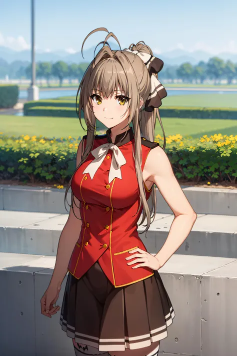 best quality, masterpiece, detailed,
<lora:AmagiBrilliantPark_SentoIsuzu:0.9>, SentoIsuzu,
solo, closed mouth, light smile,
brown hair, brown eyes, long hair, antenna hair, ponytail, hair bow,
SentoVest, red shirt, sleeveless, epaulettes, white bow, black skirt, white thighhighs,
standing, looking at the viewer,
outdoors