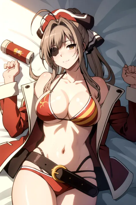 best quality, masterpiece, 1girl, solo, pepper swim, standing, :d, wrist cuffs, white sweat, holding on to the chest, bending over, normal breasts, normal hip, asymmetrical bikini, red cross,