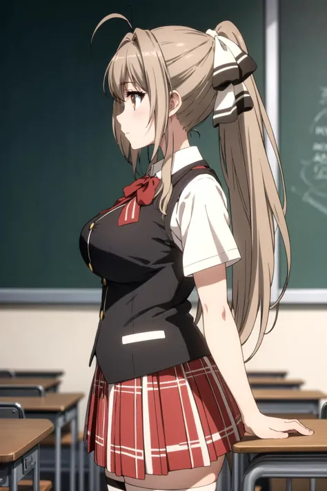 1girl, solo, masterpiece, best quality,
<lora:AmagiBrilliantPark_SentoIsuzu:0.8>,
SentoSchoolUniform, amagi brilliant park, sento isuzu, brown eyes, brown hair, long hair, ponytail, hair between eyes, hair intakes, sidelocks, antenna hair, hair bow, white bow, school uniform, shirt, white shirt, collared shirt, bowtie, red bowtie, vest, black vest, short sleeves, taut clothes, large breasts, skirt, red skirt, plaid skirt, pleated skirt, thighhighs, white thighhighs, zettai ryouiki, thick thighs,
,
cowboy shot, looking at viewer,
blush, expressionless, profile,
indoors, classroom
