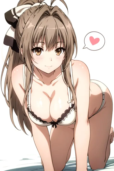 1girl, solo, masterpiece, best quality,
<lora:AmagiBrilliantPark_SentoIsuzu:0.8>,
amagi brilliant park, sento isuzu, brown eyes, brown hair, long hair, ponytail, hair between eyes, hair intakes, sidelocks, antenna hair, hair bow, white bow, underwear, underwear only, bra, lingerie, collarbone, bare shoulders, bare arms, cleavage, large breasts, panties, bare legs, thick thighs, barefoot, hanging breasts,
all fours, looking at viewer, breasts,
blush, smile, half-closed eyes,
simple background, white background, heart background, heart, spoken heart
