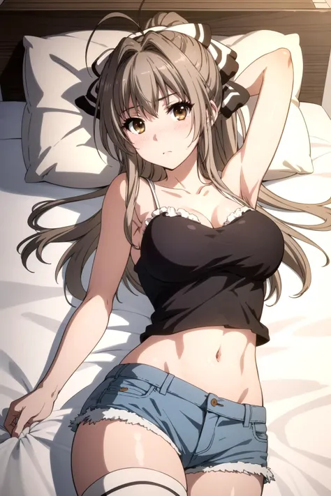 masterpiece, best quality,
1girl, solo,
<lora:AmagiBrilliantPark_SentoIsuzu:0.7>, amagi brilliant park, sento isuzu, brown eyes, brown hair, long hair, ponytail, hair between eyes, hair intakes, sidelocks, antenna hair, hair bow, white bow, curvy, bikini, skindentation, collarbone, bare arms, cleavage, (purple bikini:1.2), large breasts, navel, thigh gap, bare legs, thick thighs,
,
cowboy shot, lying, looking at viewer, on back, on bed,
blush, expressionless,
bed sheet