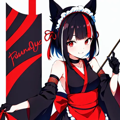 inari kuromu,solo,1girl,<lora:inari kuromu:0.8>,1girl, solo, fishnets, red eyes, gloves, black hair, breasts, mask, multicolored hair, animal ears, red hair, smile, blunt bangs, apron, black gloves, white background, streaked hair, virtual youtuber, maid headdress, smoking pipe, fox mask, short hair, looking at viewer, hand on hip, bangs, choker, japanese clothes, fishnet pantyhose, holding, simple background, wide sleeves, pantyhose, maid, wa maid