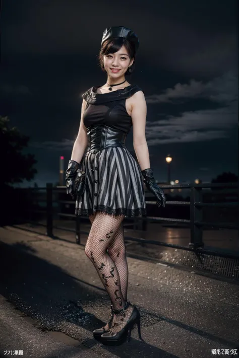 (realistic:1.3), finely detailed, quality, rembrandt lighting, (masterpiece:1.2), (photorealistic:1.2), (best quality), (detailed skin:1.3), (intricate details), dramatic, ray tracing, 1girl, japanese girl, MedicDrive, 21 years old, detailed skin texture, (blush:0.5), (goosebumps:0.5), subsurface scattering, smiling, medium breasts, necklace,black dress, black choker, black headwear,mole under eye,corset,fishnets , high heels,short hair,sleeveless,earrings, skirt, dress, jewelry, black gloves, choker, elbow gloves, black hair, full body, (bright sunny day),  <lora:MedicDrive:0.8>