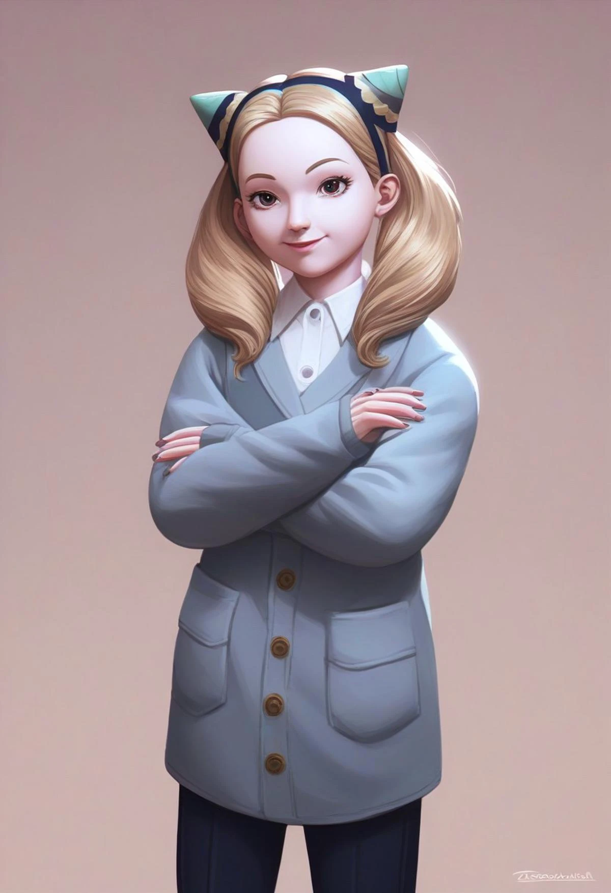 best quality,masterpiece:1.9, highres:1.9, score_9, score_8_up, score_7_up:1), 1girl,solo,newest,rating: general, looking at viewer , <lora:Anya_XL-step00001800:0.8> ,(shiny afro twintails, Cordovan hair, Cordovan eyes, female , anya (spy x family,hairpods),child, Cordovan sleeveless cardigan lab-coat), pants, close-up:1.9, moon, Happy, standing with crossed arms, {{{Telephoto:1.9}}}, ng_deepnegative_v1_75t, OverallDetail, EyeDetail, portrait, source-anime