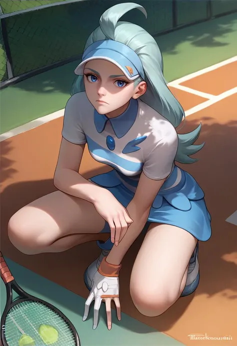 score_9, score_8_up, score_7_up, solo, 1girl, pokemonkahili, expressionless, looking at viewer, squatting, ahoge, visor cap, striped shirt, white gloves, single glove, blue skirt, outdoors, tennis court <lora:style_tarakanovich_ponyXL:1> <lora:pokemon_kahili_ponyXL:1>