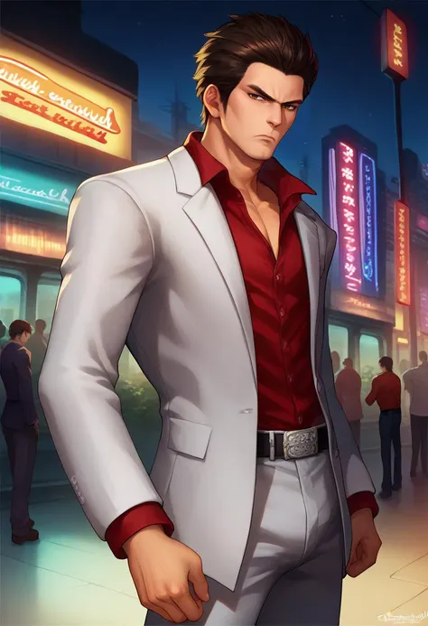 score_9, score_8_up, score_7_up, solo focus, male focus, 1boy, kiryukazuma, serious, closed mouth, looking at viewer, standing, red shirt, jacket, formal, suit, pants, belt, red shirt, formal, pants, belt, night, outdoors, city street, neon lights, busy street <lora:style_tarakanovich_ponyXL:1> <lora:kiryukazuma-guy-PONYv1:1>