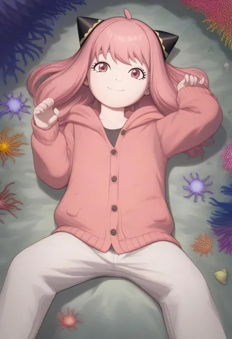 best quality,masterpiece:1.9, highres:1.9, score_9, score_8_up, score_7_up:1), 1girl,solo,newest,rating: general, looking at viewer , <lora:Anya_XL-step00001800:0.8> ,(floating afro twintails, Coral pink hair, Coral pink eyes, female child, anya (spy x family,hairpods),child, Coral pink sleeveless cardigan sweatshirt), pants, close-up:1.9, sun, Light smile, closed mouth, lying on the side, {{{Telephoto:1.9}}}, ng_deepnegative_v1_75t, OverallDetail, EyeDetail, portrait, source-anime