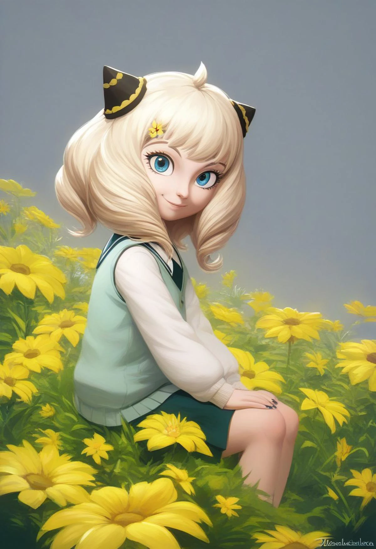 best quality,masterpiece:1.9, highres:1.9, score_9, score_8_up, score_7_up:1), 1girl,solo,newest,rating: general, looking at viewer , <lora:Anya_XL-step00001800:0.8> ,(fluffy afro twintails, Cornflower blue (web) hair, Cornflower blue (web) eyes, female , anya (spy x family,hairpods),child, Cornflower blue (web) sleeveless cardigan school uniform), pants, close-up:1.9, mercury, smile, sitting, {{{Telephoto:1.9}}}, ng_deepnegative_v1_75t, OverallDetail, EyeDetail, portrait, source-anime