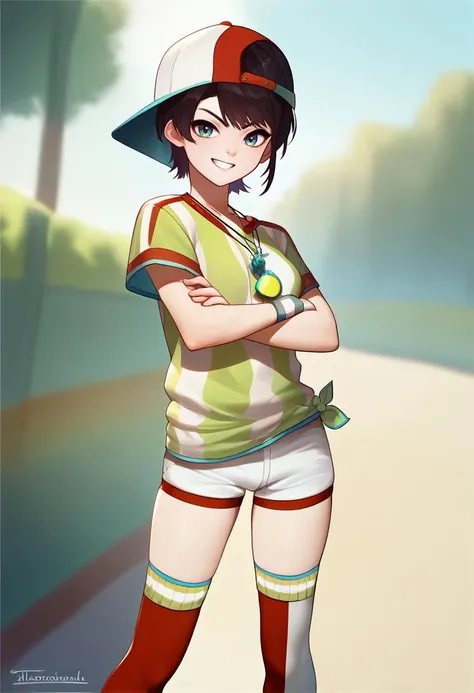 score_9, score_8_up, score_7_up, solo, 1girl, subaru_sports, grin, looking at viewer, crossed arms, striped shirt, white shorts, baseball cap, whistle around neck, red thighhighs, white thighhighs, asymmetrical legwear, outdoors <lora:style_tarakanovich_ponyXL:1> <lora:shubaXL:1>