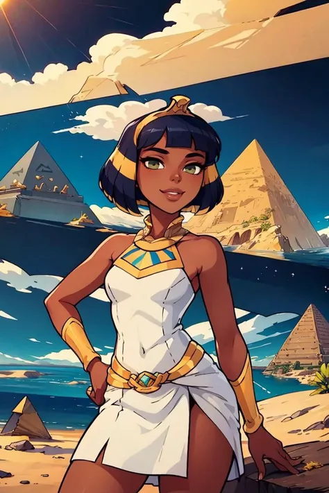 ((masterpiece, best quality)), <lora:CleopatraLora-10:0.7>, dark skin, Cleopatra, white dress, smile, tiara, desert, pyramid \(structure\), contrapposto