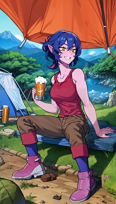 masterpiece, best quality, ultra-detailed, illustration, 1girl, solo, female_focus, upper body, outdoors, camping, night, mountains, nature, stars, moon, tent, <lora:krolia:1>, kroliaVoltron, red tank top, cheerful, happy, beer,boots, forest, rocks, river, wood, smoke, shadows