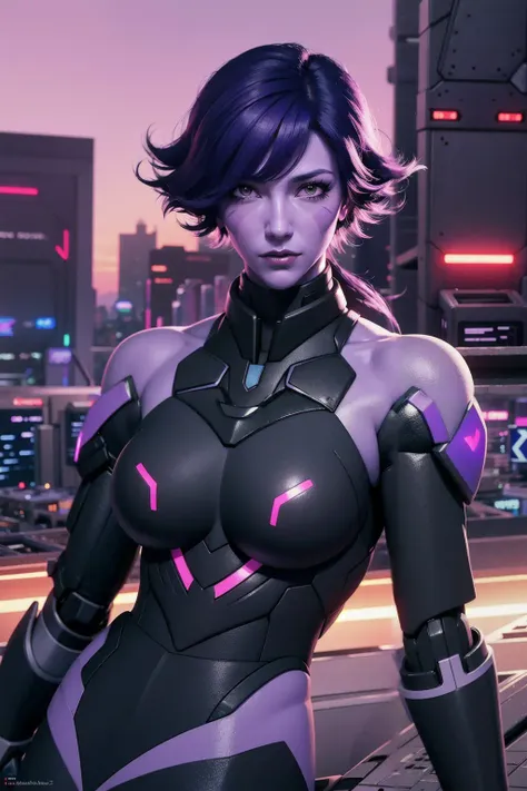 <lora:krolia:1>, kroliaVoltron, kroliaArmor, messy hair, detailed clothes, bangs, (medium breasts:1.4), (backboob:1.4), cleavage, PureErosFace_V1, [:(detailed face:1.2):0.2], cool face, (smooth chin:0.85), closed mouth, long eyelashes, sharp eyes, looking at viewer, beautiful eyes, detailed eyes, thick eyebrows, black eyeshadow, symmetry eyes, (ulzzang-6500:0.7), (cyberpunk city:1.4), (rooftop:1.5), (star \(sky\):1.3), on floor, sitting, smile, light smile, 
photon mapping, physically-based rendering, RAW photo, highly detailed background, (photo realistic:1.35), high res, perspective