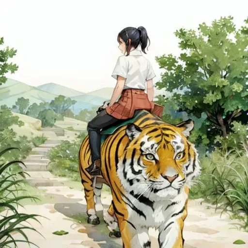 1girl,hill,tree,tiger, ride a tiger,ultra high res, detailed shadow, best quality,(front lighting), <lora:shuicai_v1:0.7>