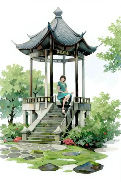1girl,hill,tree,gazebo in a park,building,ultra high res, detailed shadow, best quality,(front lighting), <lora:shuicai_v1:0.7>