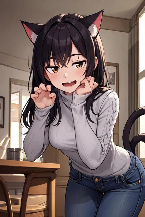 (masterpiece, best quality, ultra detailed), delicate pattern, detailed background,
1girl, solo, smile, cat ears, leaning forward, sloppy room, cowboy shot, claw pose,
turtleneck knit, jeans pants,
<lora:hotarueye_jitome17_v100:0.8>,
 open mouth, <lora:smirkingmouth_v100:0.5>