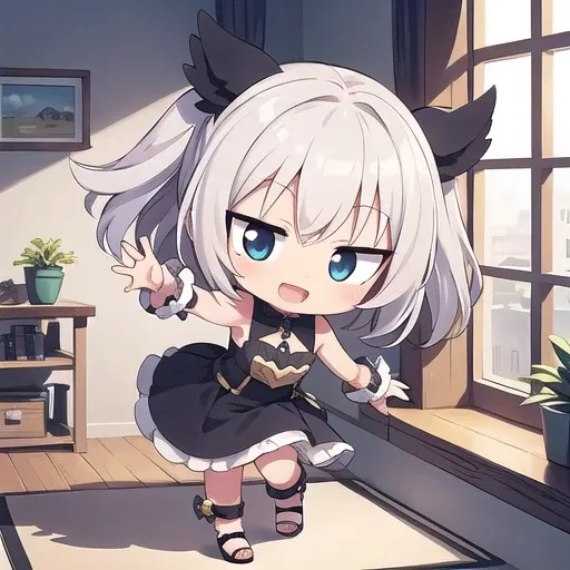 <lora:hotarueye_jitome17_v100:1>, 1girl, (chibi:1.4), smile, open mouth, dynamic angle, dynamic pose, , white hair, indoors