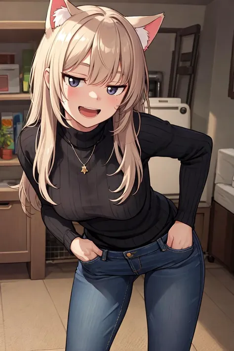 (masterpiece, best quality, ultra detailed), delicate pattern, detailed background,
1girl, solo, smile, cat ears, leaning forward, sloppy room, cowboy shot, hand in pocket,
turtleneck knit, jeans pants,
<lora:hotarueye_jitome17_v100:0.8>,
 open mouth, <lora:smirkingmouth_v100:0.5>