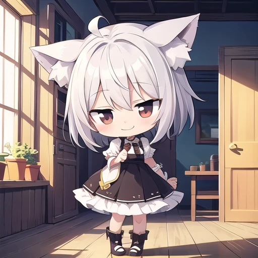 <lora:hotarueye_jitome17_v100:1>, 1girl, (chibi:1.4), smile, closed mouth, dynamic angle, standing, animal ear, white hair, indoors