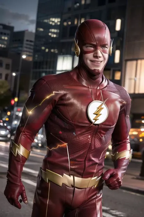 ((masterpiece)), ((best quality)), (ultra-detailed), absurdres, extremely detailed CG unity 8k wallpaper, Official Art, Accurate describe shapes, (realistic), beautiful face, detailed hands, expressive eyes, upper body, ((close-up)), solo, (city, scenery, dramatic light, illustration:1.1), (running, glowing, superhero, smile:1.2), (1boy, mature male, muscular male, red mask, black eyes:1.4), (red bodysuit, the flash suit, thunder symbol:1.3), ((masterpiece)), absurdres, HDR <lora:TheFlash-07:0.7> <lora:epi_noiseoffset2:0.7> <lora:GoodHands-beta2:1>
