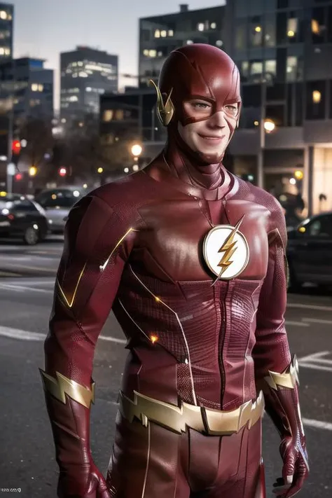 ((masterpiece)), ((best quality)), (ultra-detailed), absurdres, extremely detailed CG unity 8k wallpaper, Official Art, Accurate describe shapes, (realistic), beautiful face, detailed hands, expressive eyes, upper body, ((close-up)), solo, (city, scenery, dramatic light, illustration:1.1), (standing, superhero, smile:1.2), (1boy, mature male, muscular male, red mask, black eyes:1.4), (red bodysuit, the flash suit, thunder symbol:1.3), ((masterpiece)), absurdres, HDR <lora:TheFlash-07:0.7> <lora:epi_noiseoffset2:0.7> <lora:GoodHands-beta2:1>
