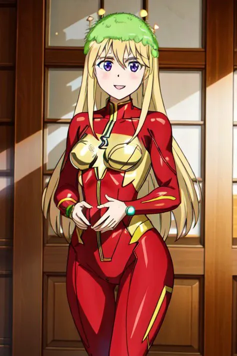 1girl, masterpiece, ultra-detailed, a girl in a flash costume standing in a room, red flash suit, original flash costume by barry allen,, disfraz de flash, blonde, moss on the head, multicolored hair, looking at viewer, serious look, smile, (masterpiece): 1.2), best quality, high resolution (art: 0.8), (beautiful detailed eyes: 1.6), perfect lighting, extremely detailed CGI (perfect hands, perfect anatomy)