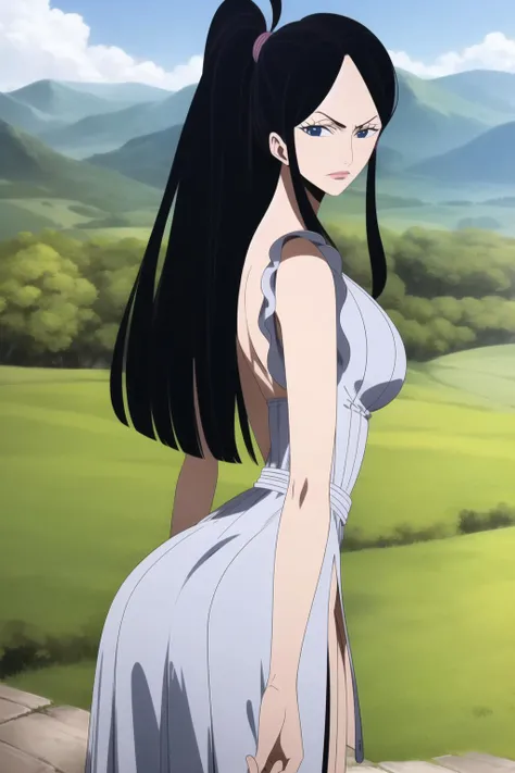 (masterpiece), (best quality), laki_onepiece, 1girl, solo, long hair, hair ornament, breasts, large breasts, tulle, looking at viewer, valley