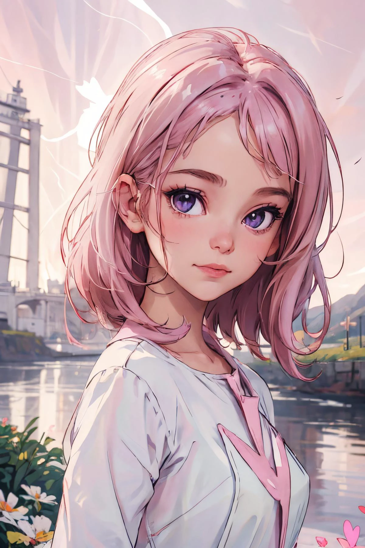 <lora:petite_doll:1.00>, beautiful petite_doll, perfect petite_doll face, perfect petite_doll body, portrait, looking at viewer, solo, half shot, detailed background, close up, shining (biblical christianity religious theme:1.1), divine angel of love, soft smile, bright eyes, flowers, (small floating hearts:0.8), pink light, pink ethereal background, majestic divine atmosphere, bright light, holy aura, bloom, divine light, white clothes, dynamic pose, ray of light,, typhoon old spire, river, lighthouse, infirmary, horror, dusk, wind, cave