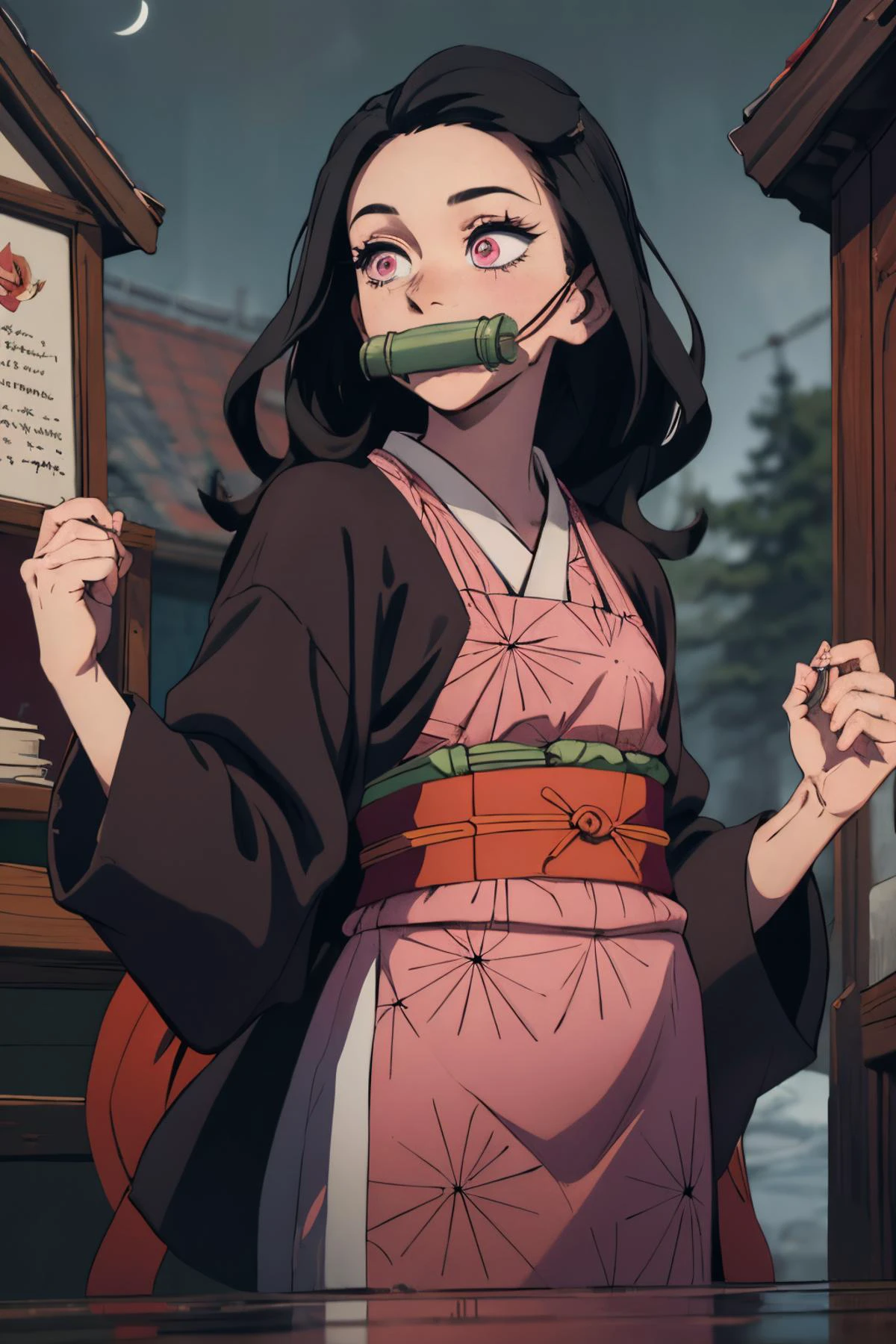 <lora:nezuko_kamado_omni_v1:0.6>, normalnezuko, bit gag, multicolored hair, pink kimono, looking up, solo, upper body, detailed background, detailed face, (renaissance theme:1.1), warm smile, dynamic pose, store clerk, (green:0.8) simple merchant clothes, apron, pouches, belts, busy (medieval market stall:1.1), (shelves:0.8), selling wide variety of books, scrolls, parchment, , rainstorm temperate, shore, prison, fitting room, blue hour, noon, wood, moon