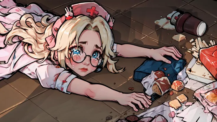 upper_body, street, food, crying_with_eyes_open, sad, <lyco:apuspill:1>, intricate, absurdres, insane details, 8k uhd, professional color correction, post-processing, full body,
1 girl,solo,blonde hair, long hair,blush, nurse, nurse cap,hat,bow, blue eyes, pink dress, puffy short sleeves, red lips, bandaged arm,round eyewear,glasses, <lora:sugarserov2:0.8>