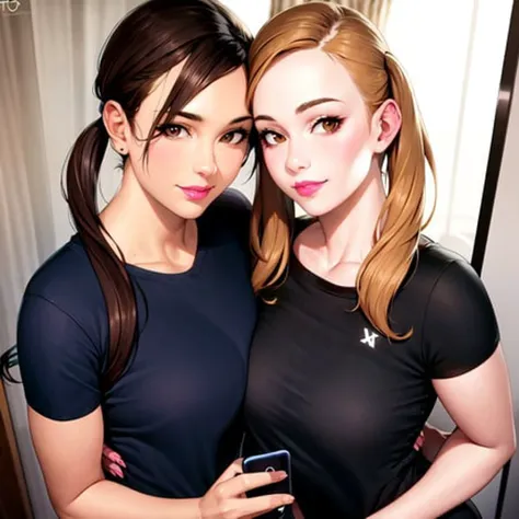 brown hair, breasts, shirt, selfie, phone, twintails, long hair, holding, holding phone, cellphone, large breasts, looking at viewer, black shirt, t-shirt, 2girls, 1girl, multiple girls, brown eyes, smartphone, mirror, lips, smile, realistic