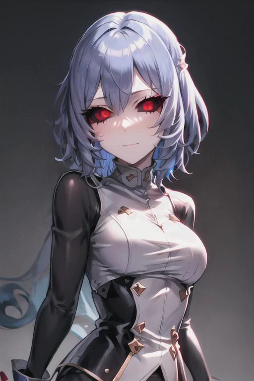 masterpiece, best quality, 1girl, black sclera, red eyes, blue hair, closed mouth, looking at viewer, uniform, short hair, simple background, solo, upper body, dynamic pose <lora:black_sclera:1>