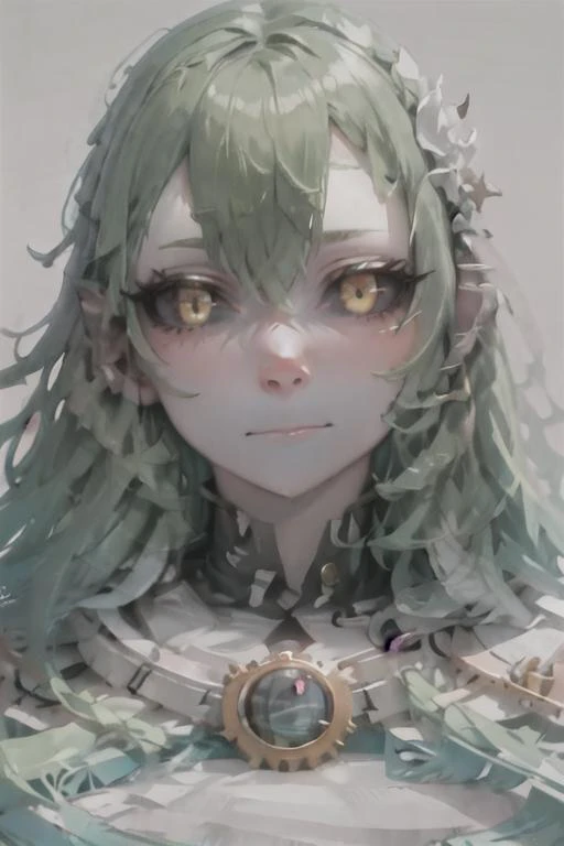 masterpiece, best quality, portrait, 1girl, black sclera, yellow eyes, detailed eyes, green hair, closed mouth, looking at viewer, long hair, bare neck, simple background, face focus, close up, female focus, solo <lora:black_sclera:1>