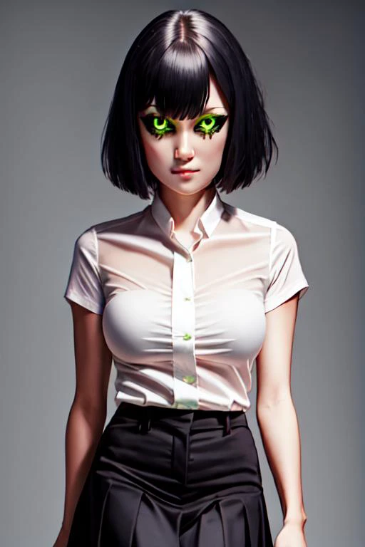 masterpiece, best quality, 1girl, black sclera, green eyes, black hair, closed mouth, looking at viewer, shirt, skirt, short hair, simple background, solo, upper body, dynamic pose <lora:black_sclera:1>