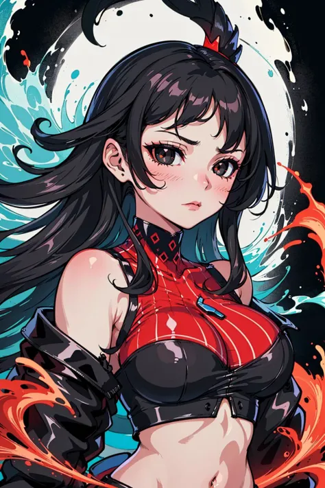 (masterpiece, best quality), ultra-detailed, illustration,high contrast, close up portrait, black eyes,black black sclera, <lora:blackScleraTestInpaint_v10:0.8>
face focus, (POV, cowboy shot), (stern expression), cosmic, (abstract, stylized art:1.2),fantasy
large_breasts, (crop top), muscular,(red energy, darkness wave, aura:1.2),
1girl, black hair, flowing hair, blush,