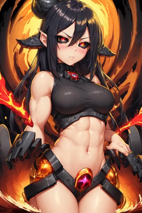 (masterpiece, best quality), ultra-detailed, illustration,high contrast, close up portrait, black eyes,black black sclera, <lora:blackScleraTestInpaint_v10:0.8>
face focus, (POV, cowboy shot), (stern expression), cosmic, (abstract, stylized art:1.2),fantasy
large_breasts, (crop top), muscular,(red energy, darkness wave, aura:1.2),
1girl, black hair, flowing hair, blush,