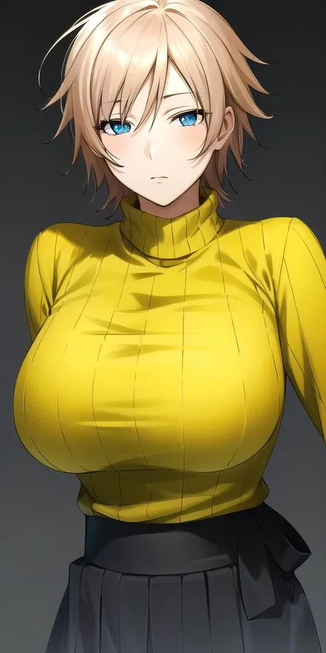<lora:AkitsuV4:.75> akitsusekirei, huge_breasts, standing, solo, expressionless, yellow_sweater,, masterpiece, best_quality, detailed_face, detailed_eyes, highres, beautiful, detailed, absurdres,