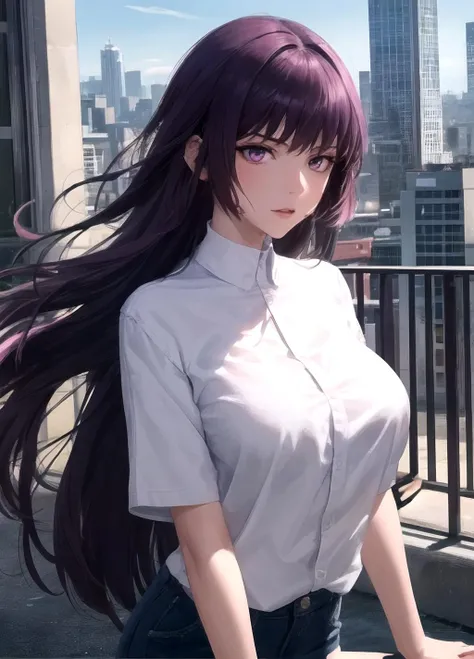 (best quality, masterpiece, official art, highres:1.2), extremely detailed CG unity 8k wallpaper, ultra detailed, portrait shot of slutty girl, eye contact, short shirt, city background, large breasts, purple hair, long hair, <lora:Sana_Sunomiya:1> , Sana Sunomiya, purple eyes